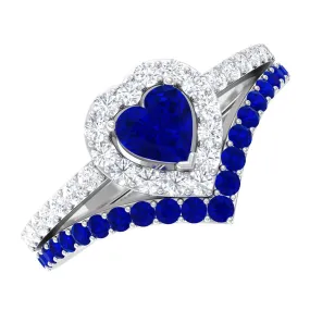 1 CT Created Blue Sapphire and Diamond Heart Wedding Ring Set