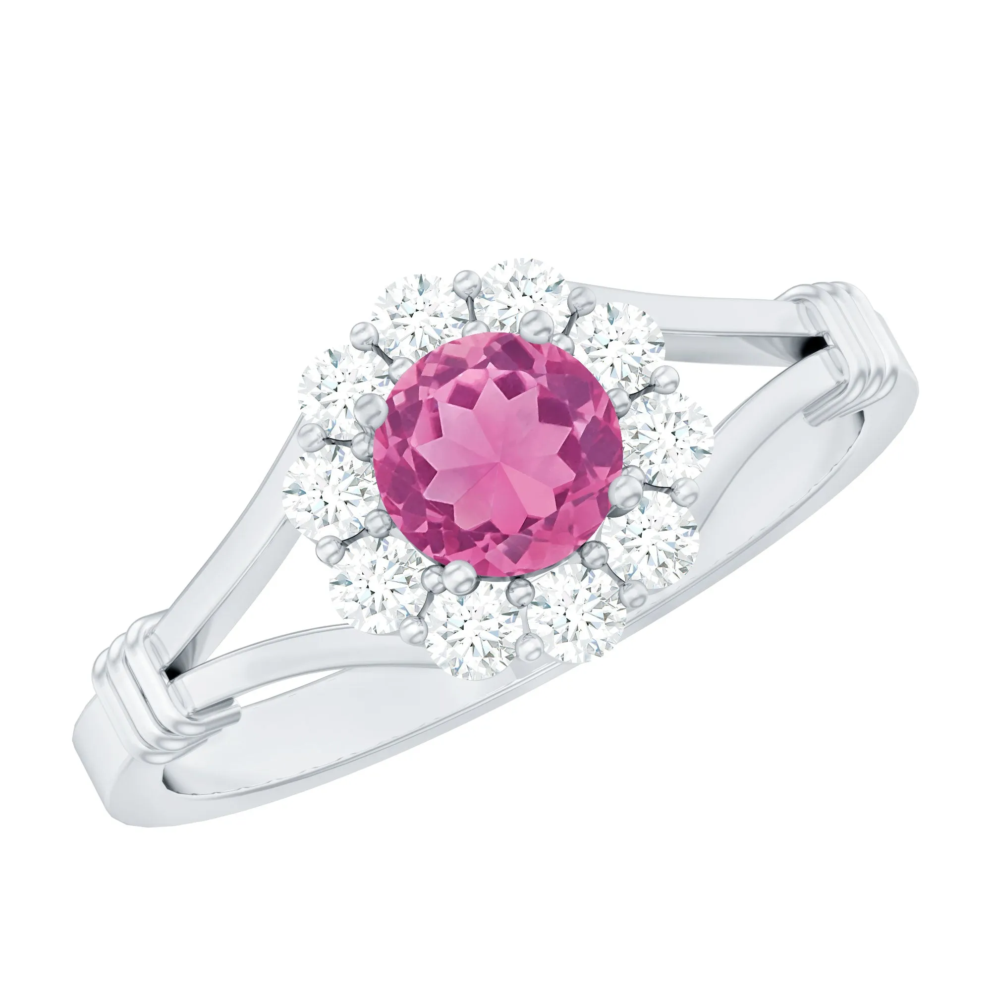 1 CT Pink Tourmaline and Diamond Halo Split Shank Ring