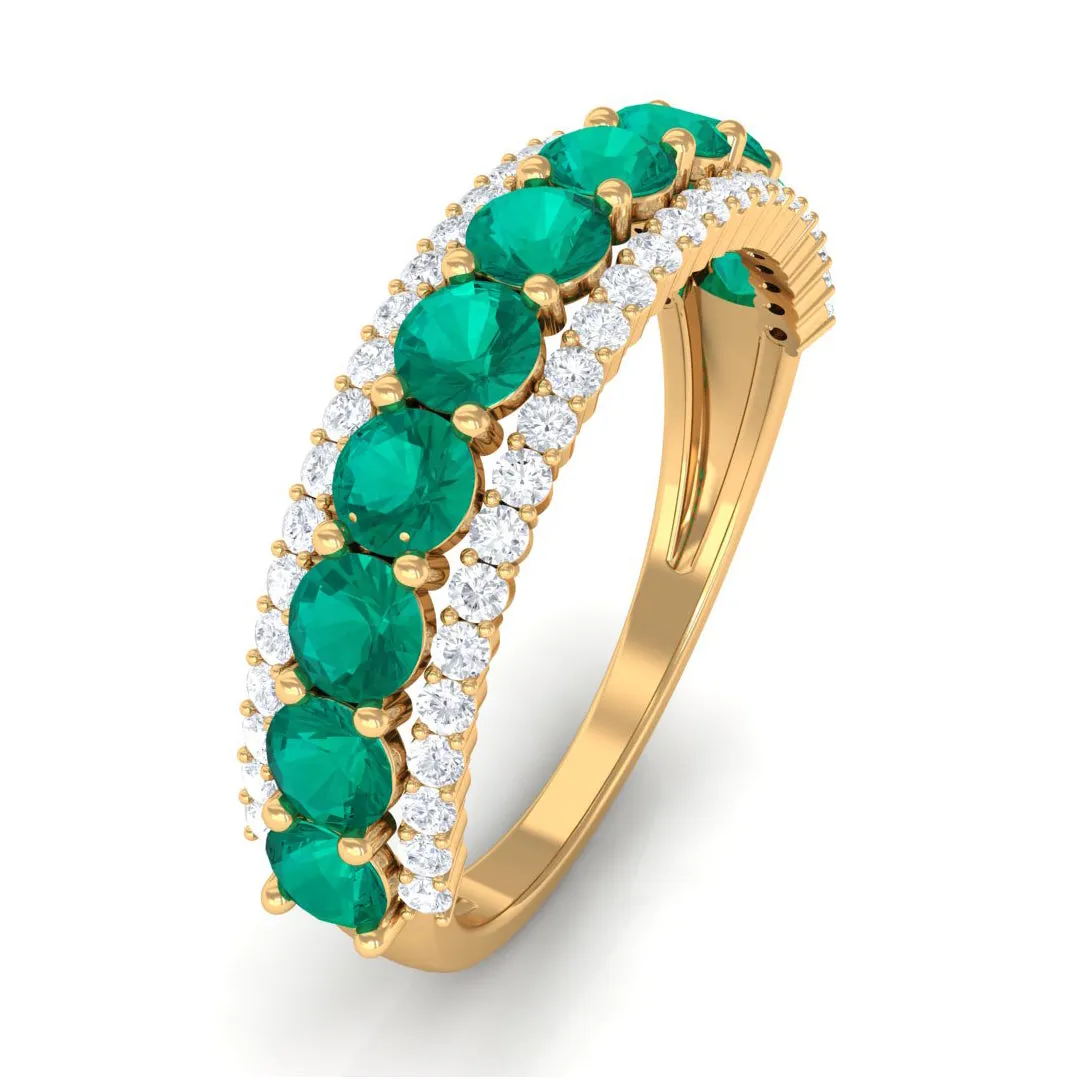 1 CT Round Emerald Classic Half Eternity Band Ring with Diamond Accent