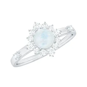 1 CT Round Moonstone and Diamond Halo Engagement Ring