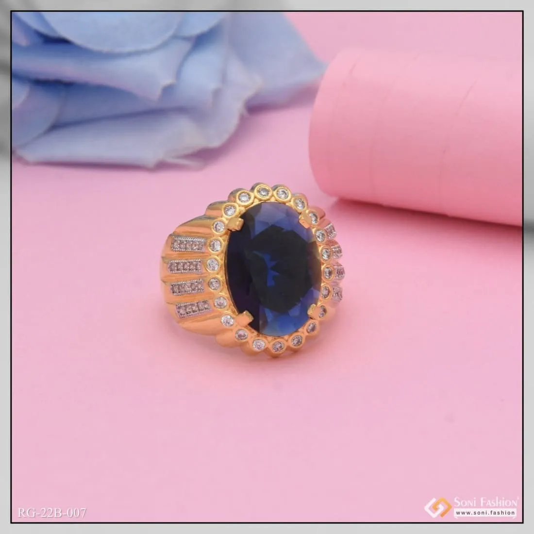 1 Gram Gold Forming Blue Stone with Diamond Glamorous Design Ring - Style B007