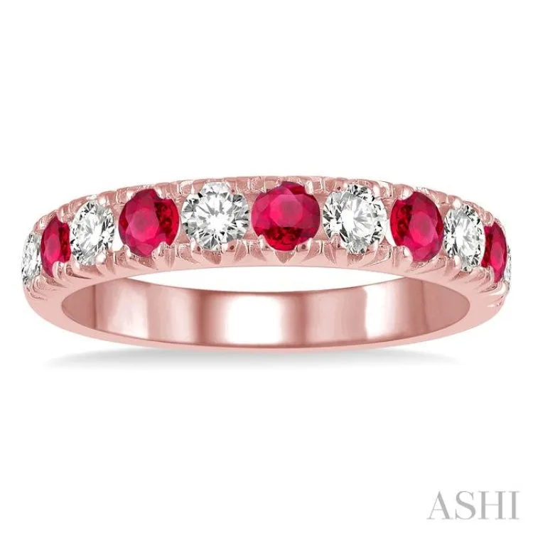 1/2 ctw Round Cut Diamond and 2.9MM Ruby Precious Wedding Band in 14K Rose Gold