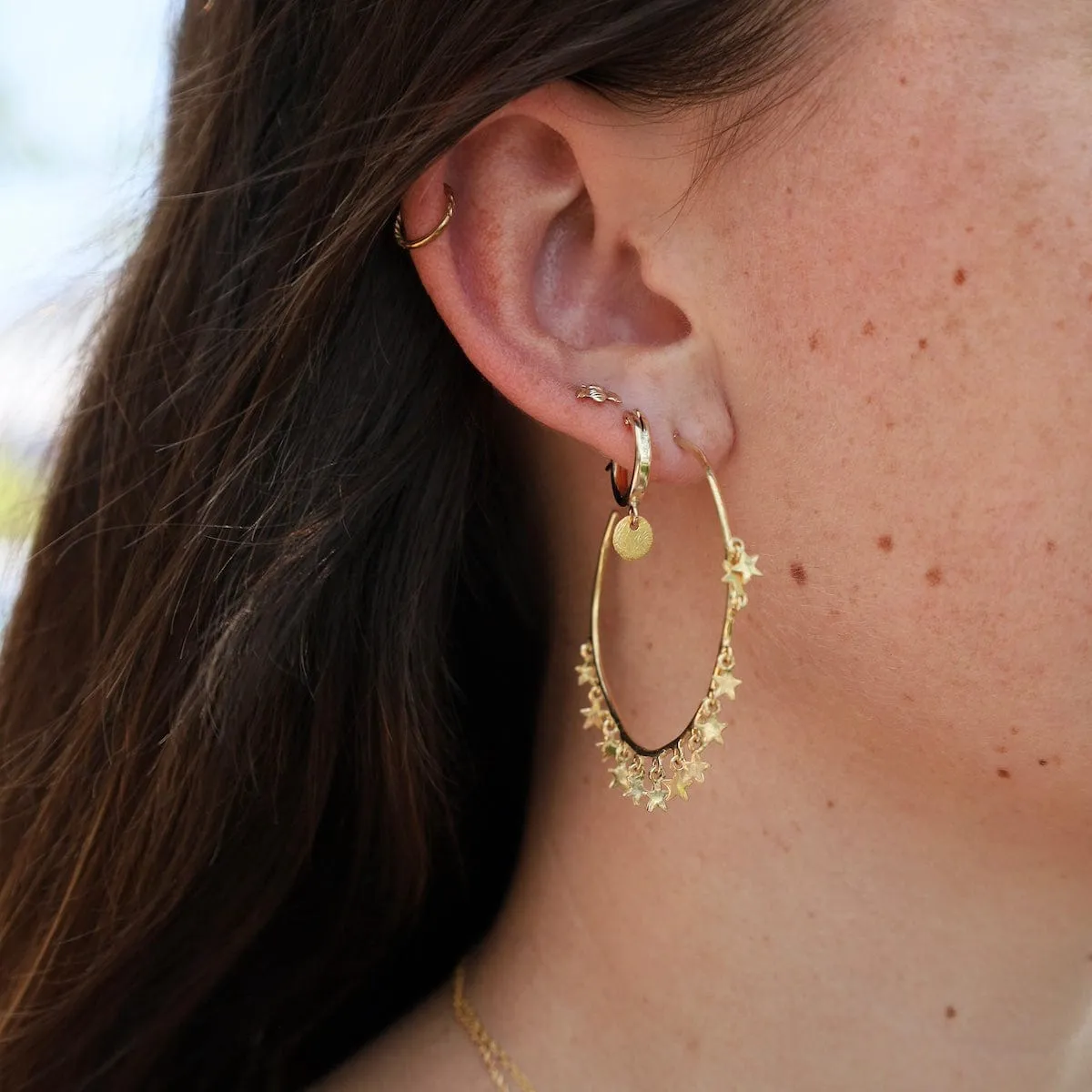 14K Gold Fill Brushed Hanging Disk Gold Vermeil Hoop Earrings