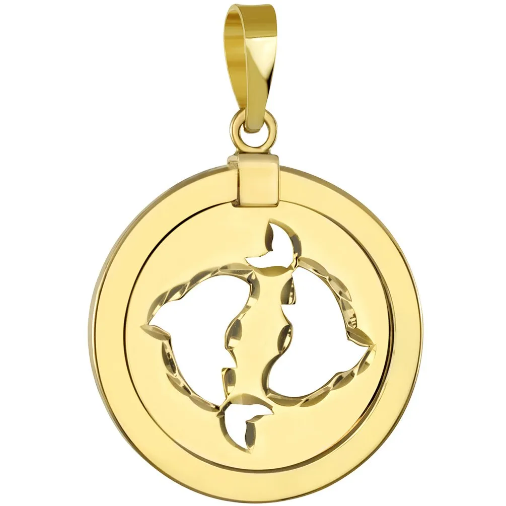 14K Gold Reversible Round Pisces Zodiac Sign Pendant with Figaro Chain Necklace - Yellow Gold