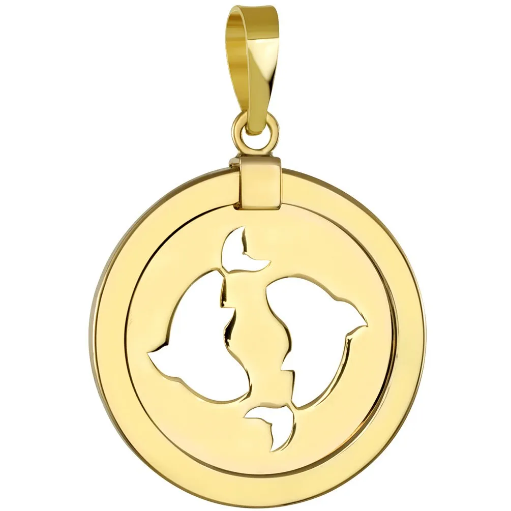 14K Gold Reversible Round Pisces Zodiac Sign Pendant with Figaro Chain Necklace - Yellow Gold