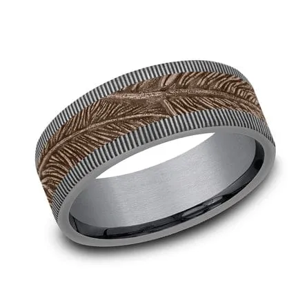 14K Rose Gold Feather Design Center Grey Tantalum Edge Band