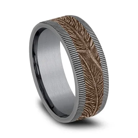 14K Rose Gold Feather Design Center Grey Tantalum Edge Band