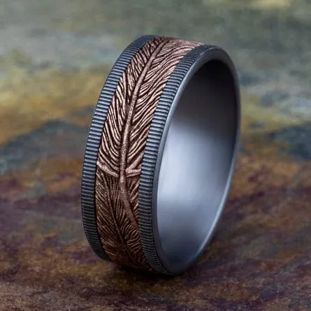 14K Rose Gold Feather Design Center Grey Tantalum Edge Band