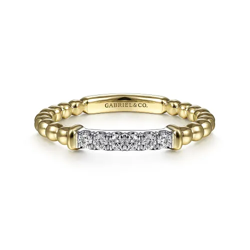 14K White-Yellow Gold Bujukan Band Stackable with Diamond Pave Center Bar