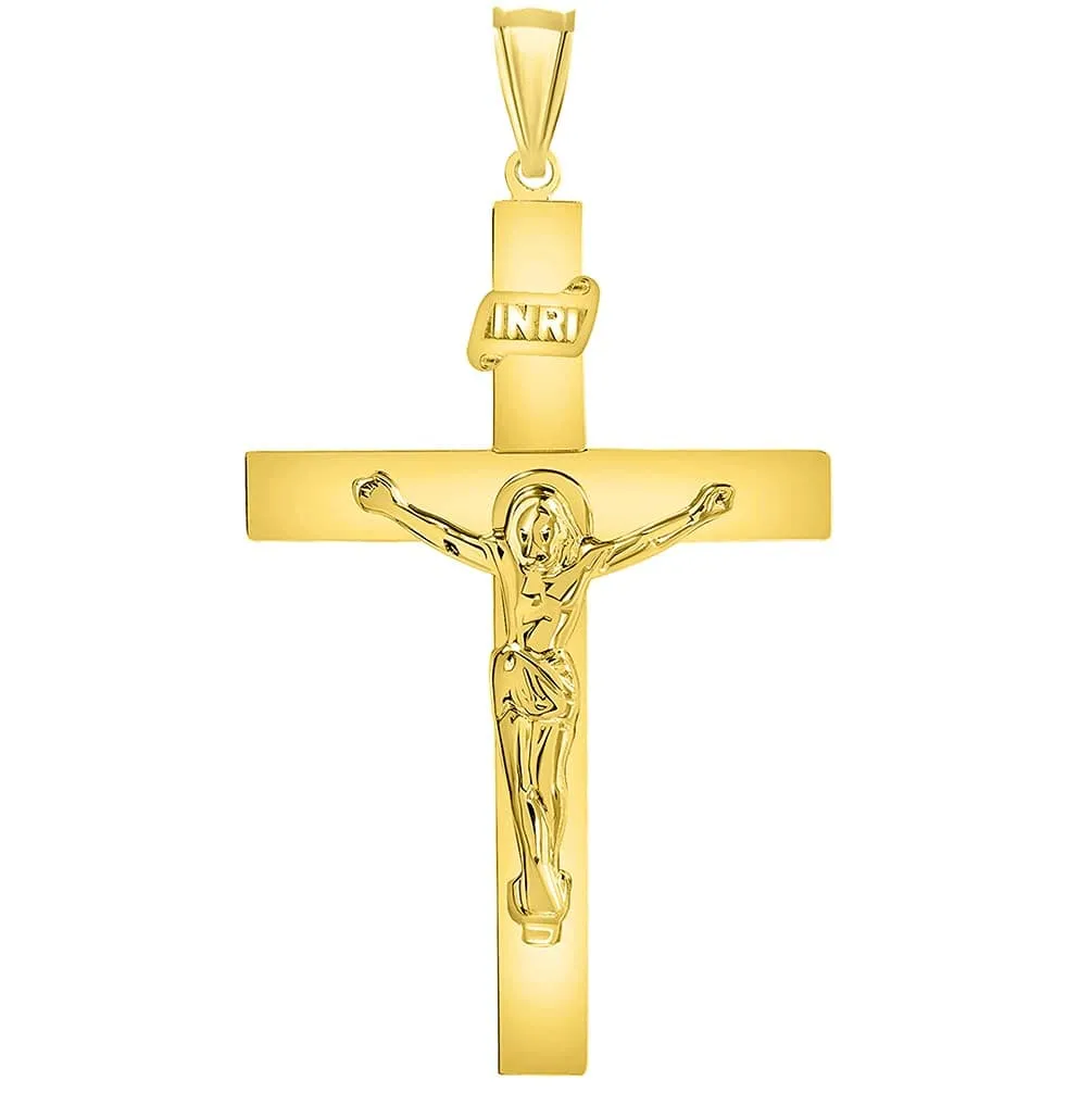 14k Yellow Gold 4mm Thick INRI Tubular Cross Roman Catholic Crucifix Pendant Necklace