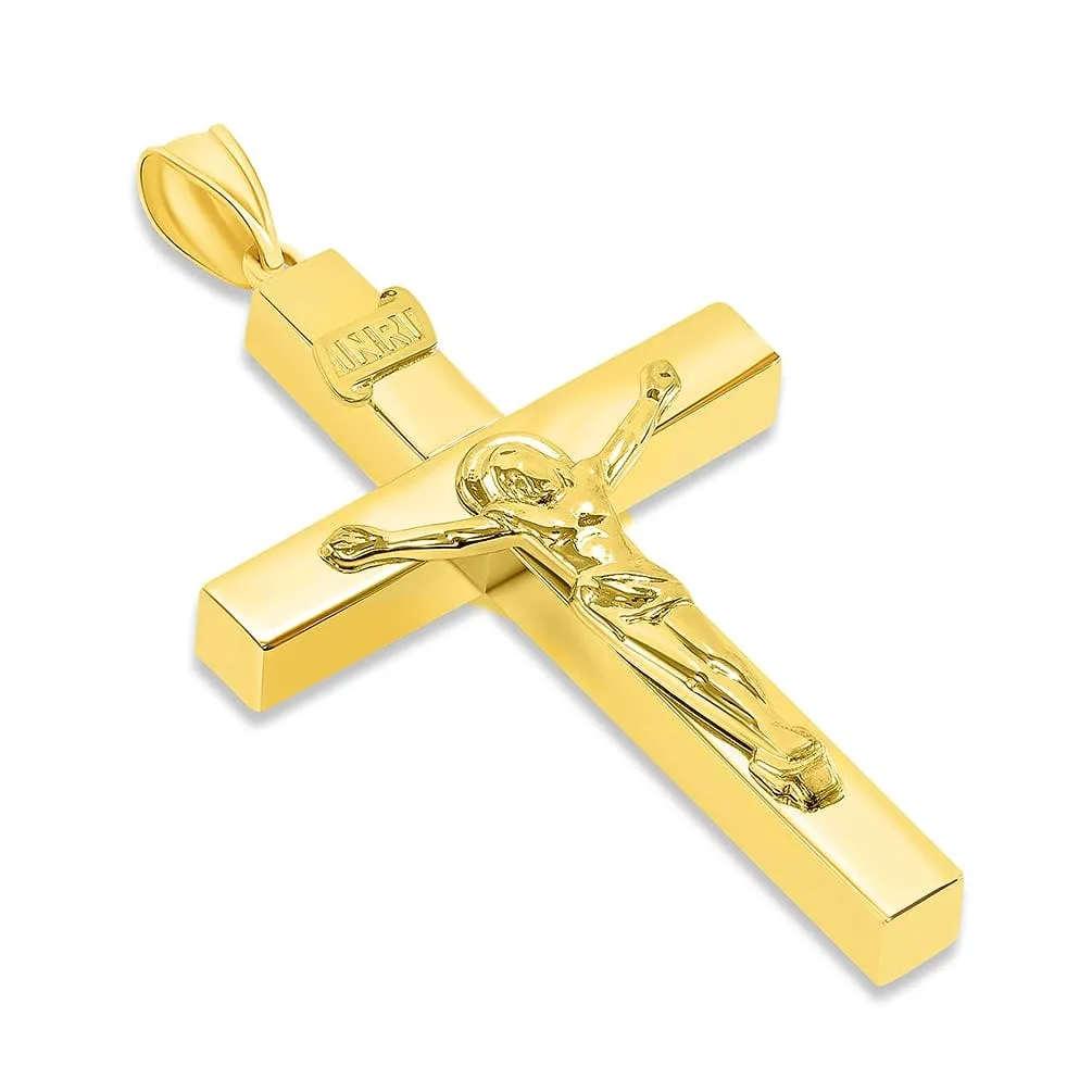 14k Yellow Gold 4mm Thick INRI Tubular Cross Roman Catholic Crucifix Pendant Necklace