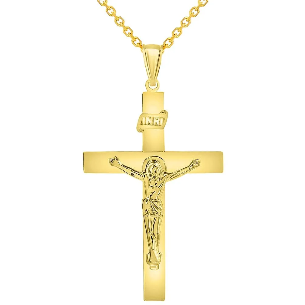 14k Yellow Gold 4mm Thick INRI Tubular Cross Roman Catholic Crucifix Pendant Necklace