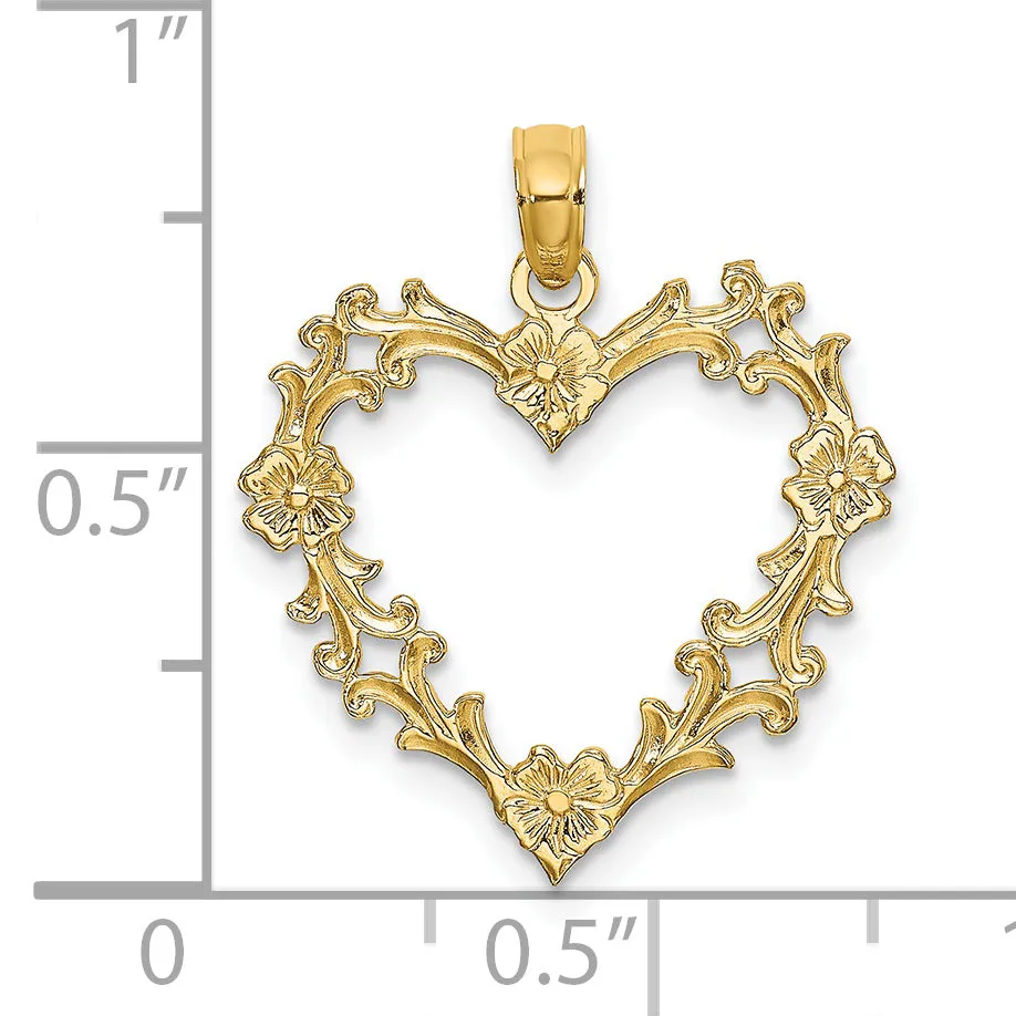 14k Yellow Gold Cut-Out Floral Design Heart Pendant