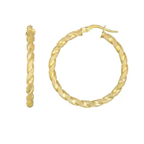 14K Yellow Gold Matt Textured Round Hoop Earrings, Diameter 30mm