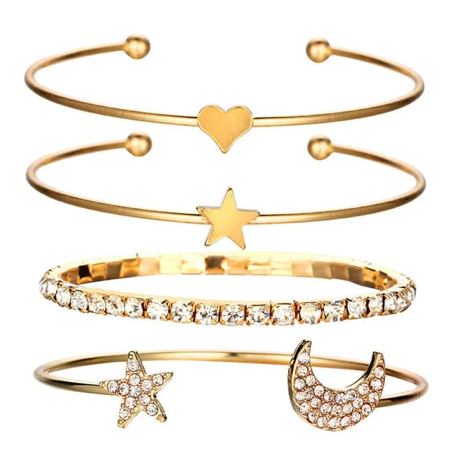 17KM Design Geometric Crystal Star Moon Bracelets Heart For Women Fashion Alloy Gold Color Bangles Jewelry Party Gifts 4 Pcs/Set