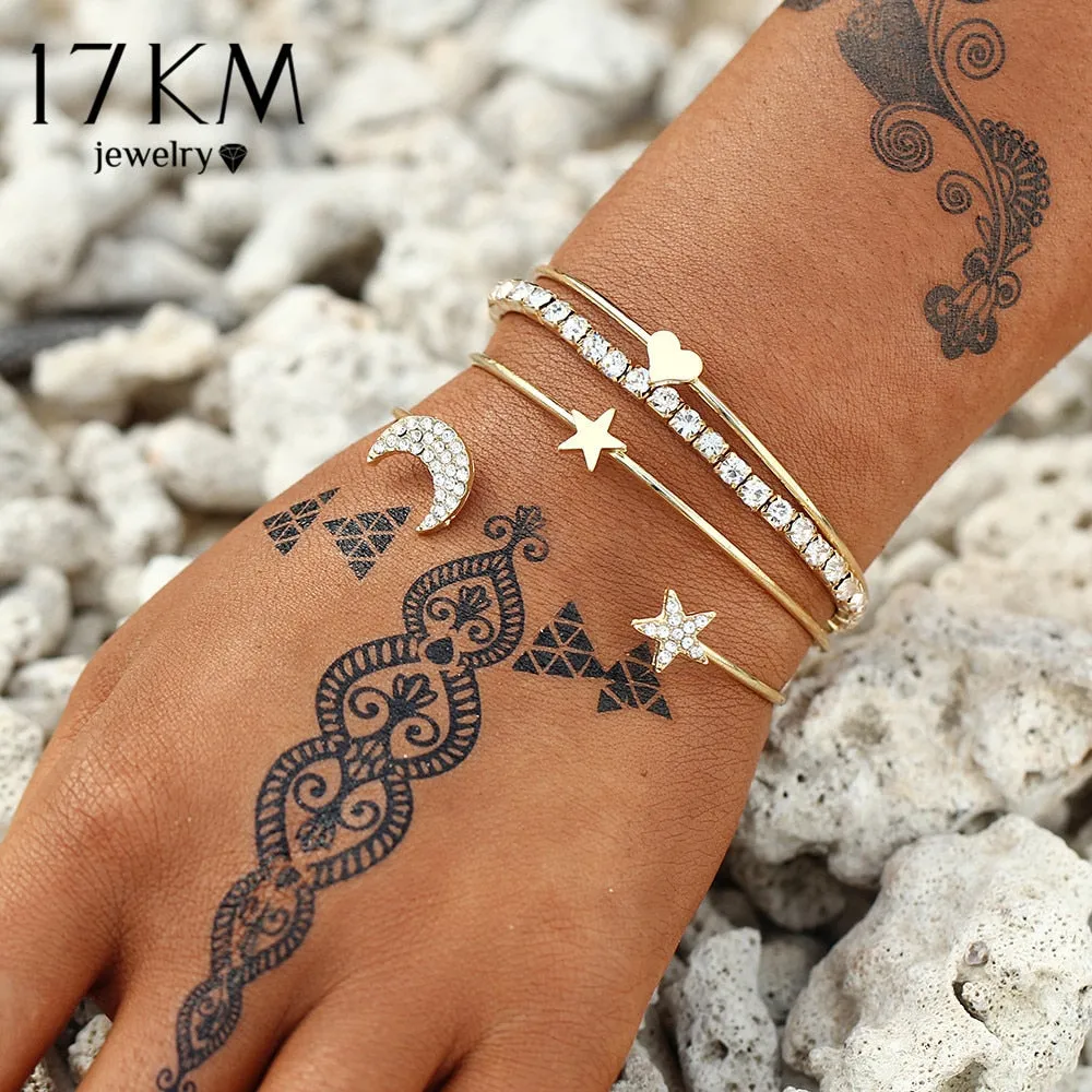 17KM Design Geometric Crystal Star Moon Bracelets Heart For Women Fashion Alloy Gold Color Bangles Jewelry Party Gifts 4 Pcs/Set