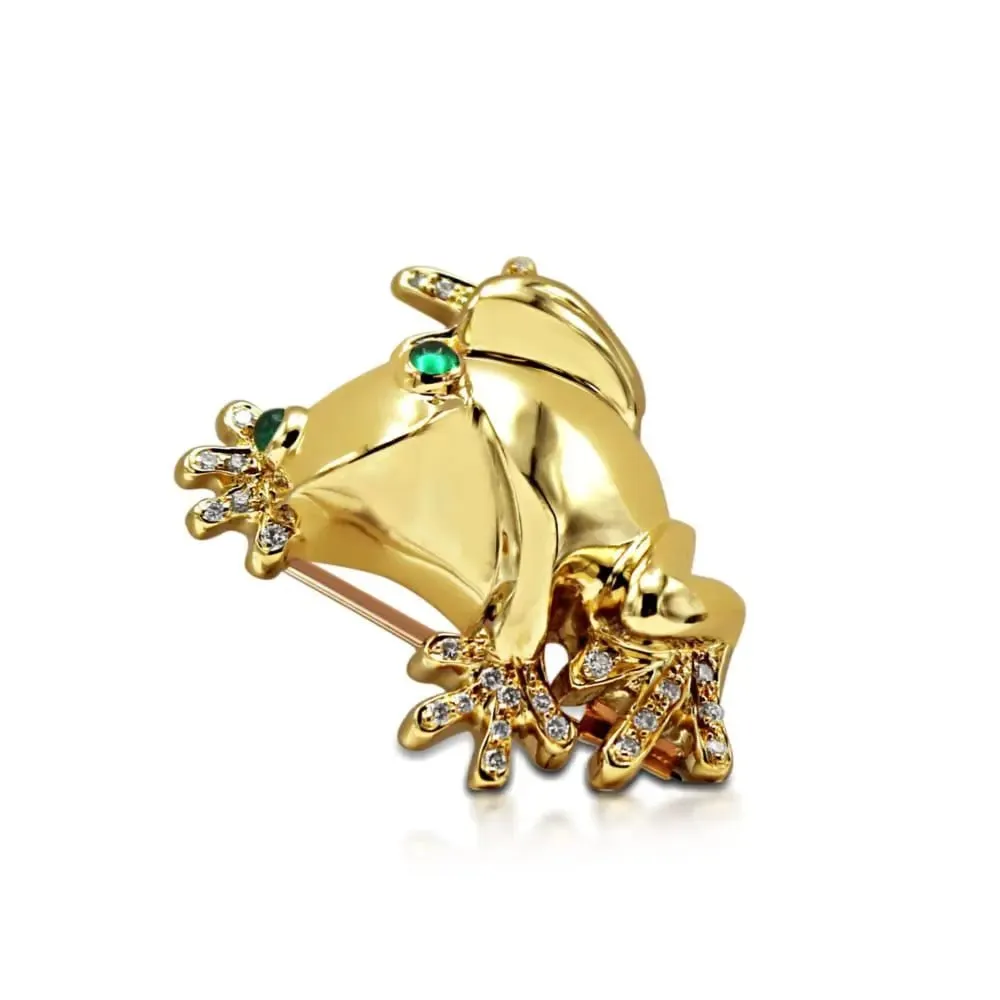 18ct Yellow Gold Diamond & Emerald Set Frog Brooch by David Morris