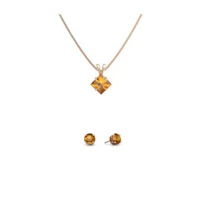 18K Rose Gold 1ct Citrine Square 18 Inch Necklace and Round Earrings Set Plated