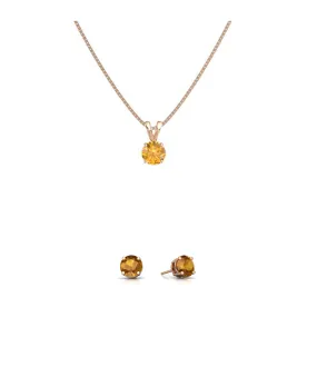 18K Rose Gold 2ct Citrine Round 18 Inch Necklace and Earrings Set Plated