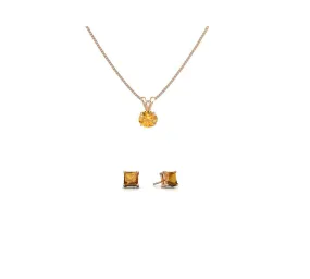 18K Rose Gold 2ct Citrine Round 18 Inch Necklace and Square Earrings Set Plated