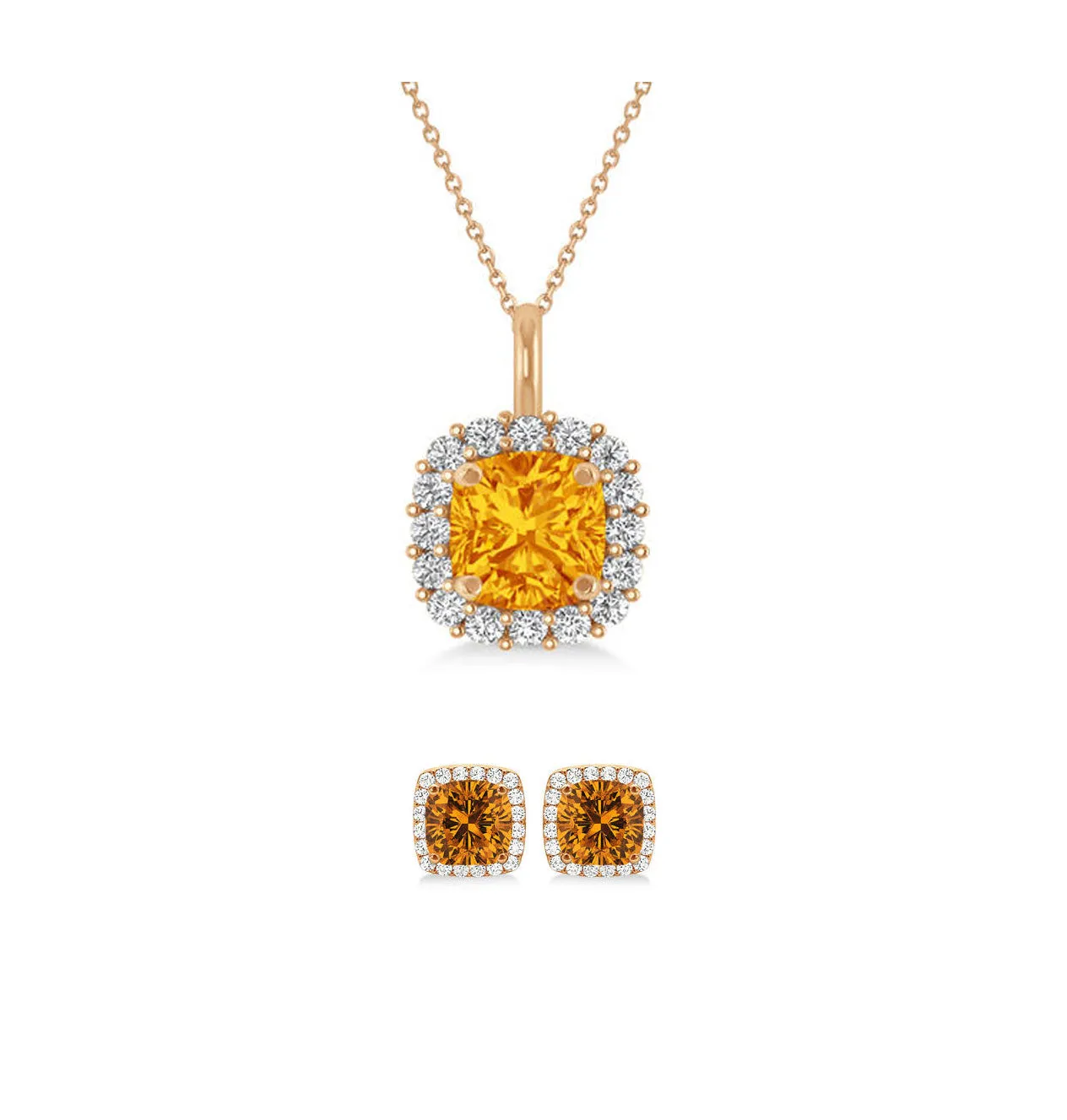 18K Rose Gold 2ct Halo Citrine Square 18 Inch Necklace and Halo Earrings Set Plated