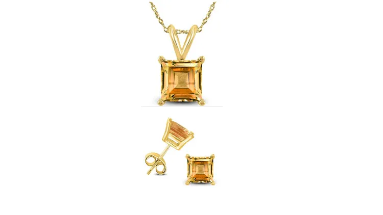 18K Yellow Gold 2ct Citrine Square 18 Inch Necklace and Earrings Set Plated