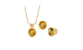 18K Yellow Gold 4ct Citrine Round 18 Inch Necklace and Earrings Set Plated