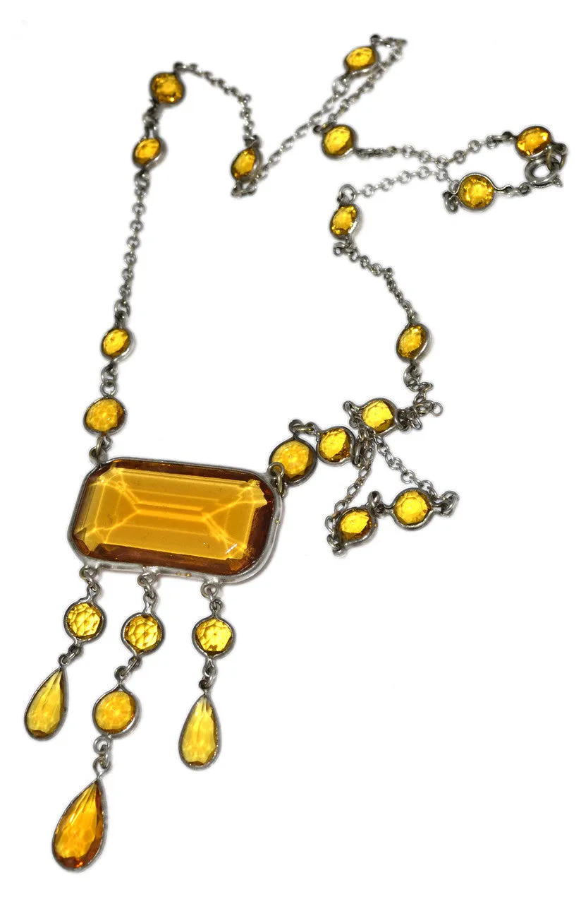 1920s Vintage Art Deco Necklace Bezel Set Amber Citrine Faceted Crystal