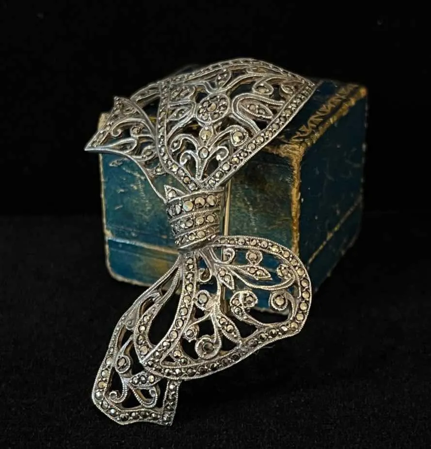 1930s Marcasite Sterling Silver Bow Brooch