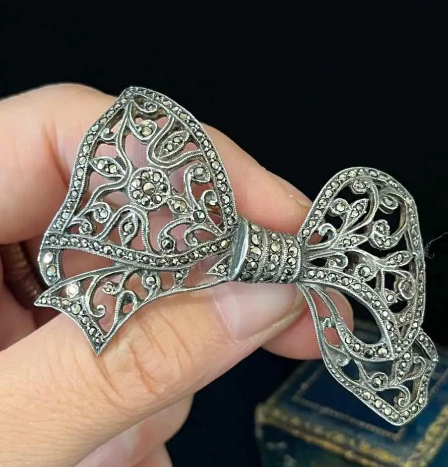 1930s Marcasite Sterling Silver Bow Brooch