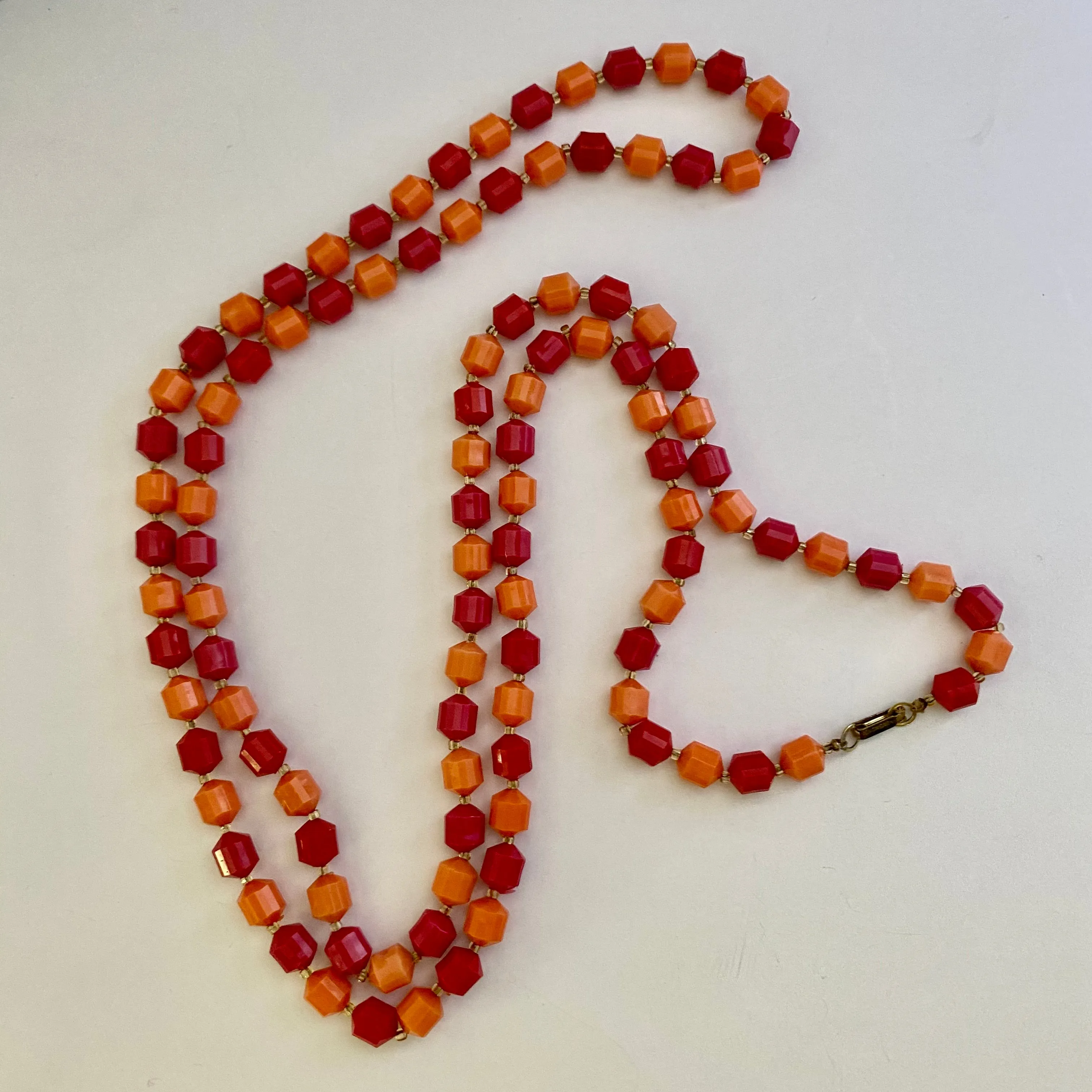 1960s Hong Kong Red & Orange 56" Bead Necklace