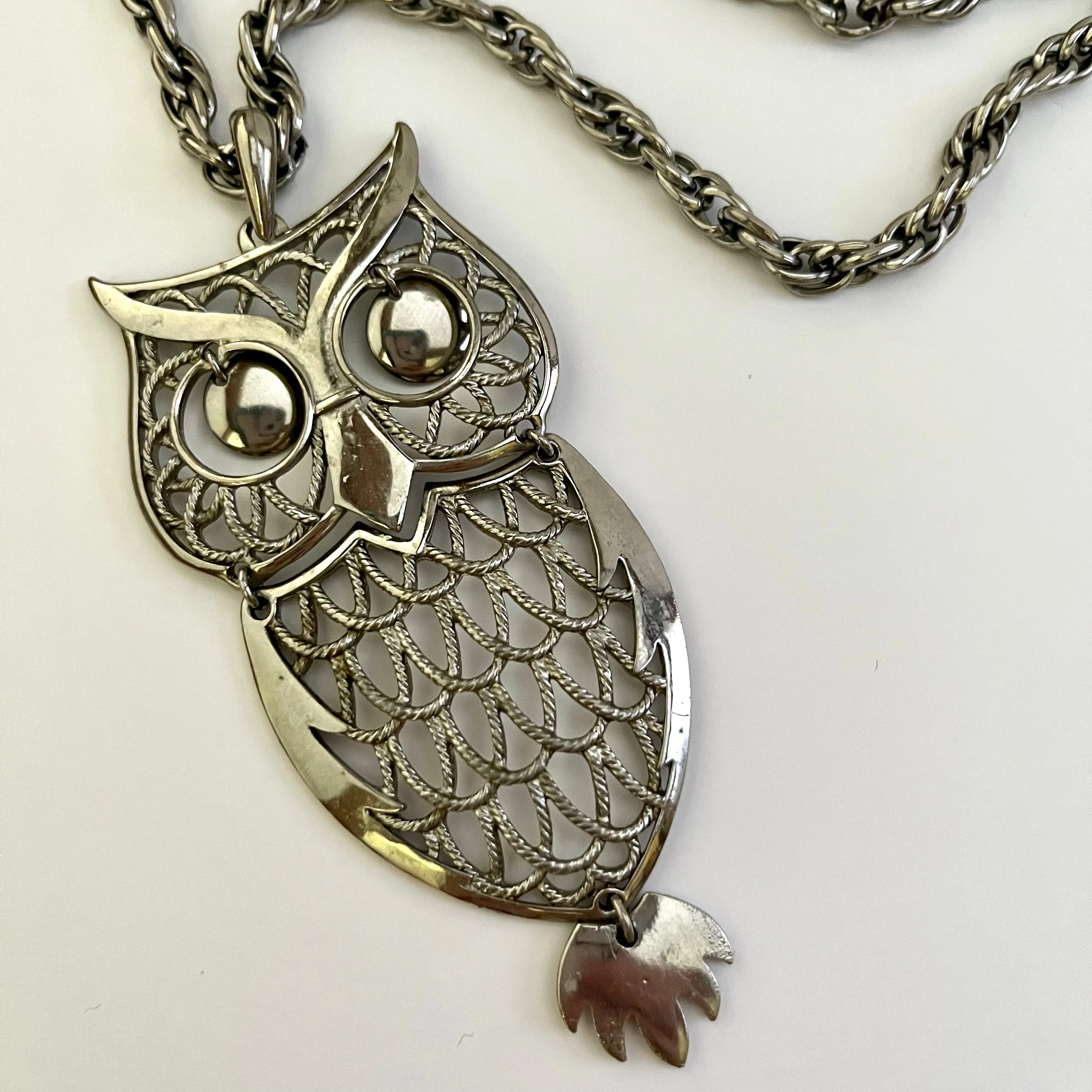 1970s Articulated Owl Pendant Necklace