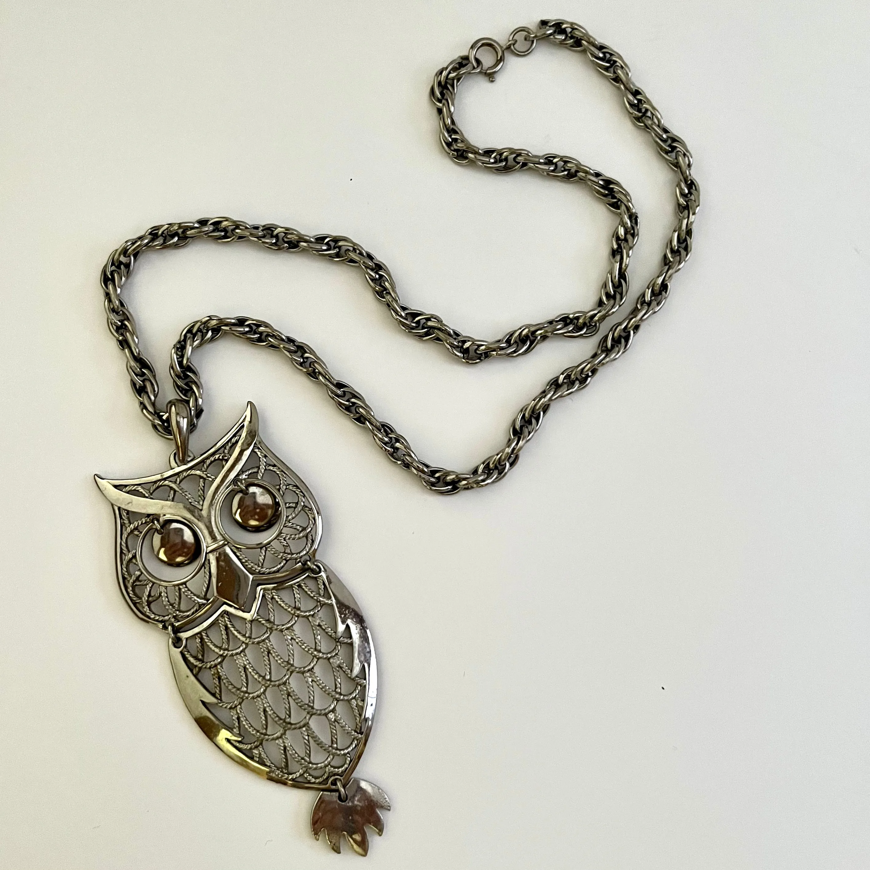 1970s Articulated Owl Pendant Necklace