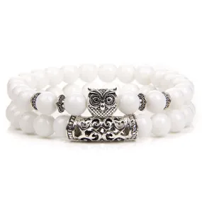 2 Pc 8mm White Jade Owl Bead Bracelet