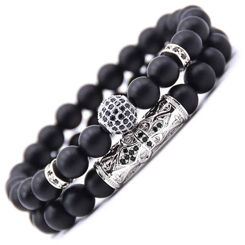 2 Piece 8mm Black Matte Beaded Stone Bracelet Set