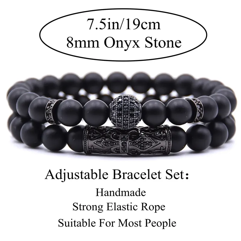 2 Piece 8mm Black Matte Beaded Stone Bracelet Set