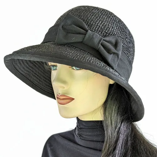 206-d Crochet Raffia Sun Hat bucket hat with adjustable fit with black bow trim, solid black