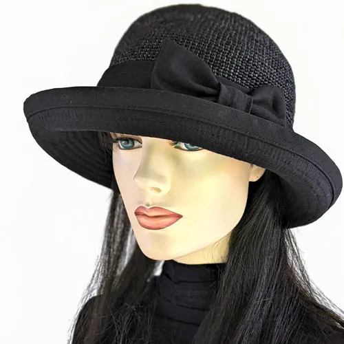 206-d Crochet Raffia Sun Hat bucket hat with adjustable fit with black bow trim, solid black