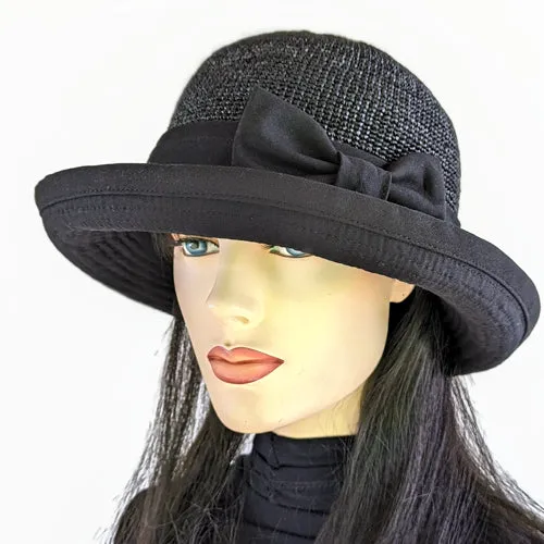 206-d Crochet Raffia Sun Hat bucket hat with adjustable fit with black bow trim, solid black