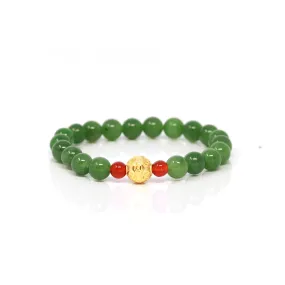 24K Pure Yellow Gold Money Bead With Genuine Green Jade Round Beads Bracelet Bangle ( 8 mm )