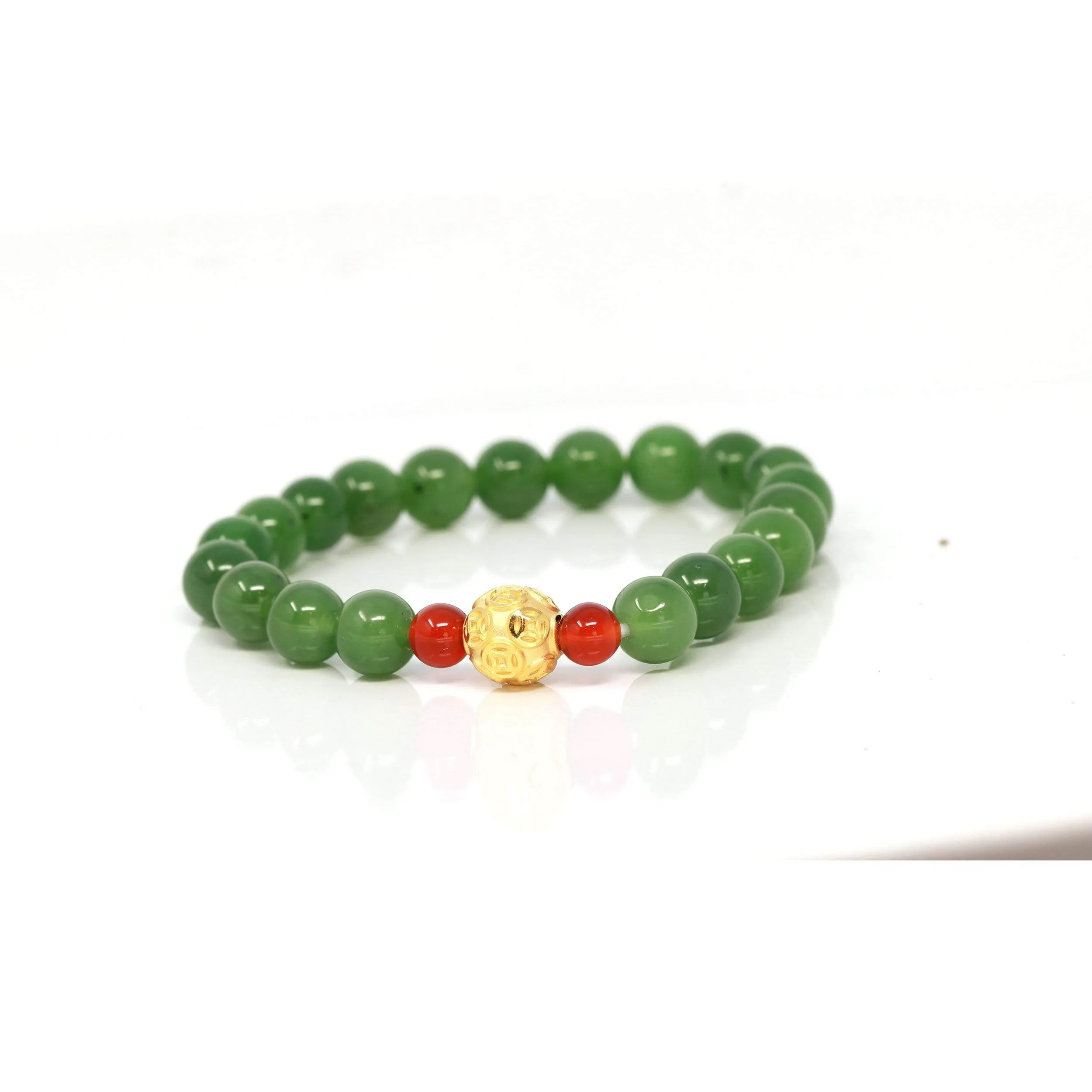 24K Pure Yellow Gold Money Bead With Genuine Green Jade Round Beads Bracelet Bangle ( 8 mm )