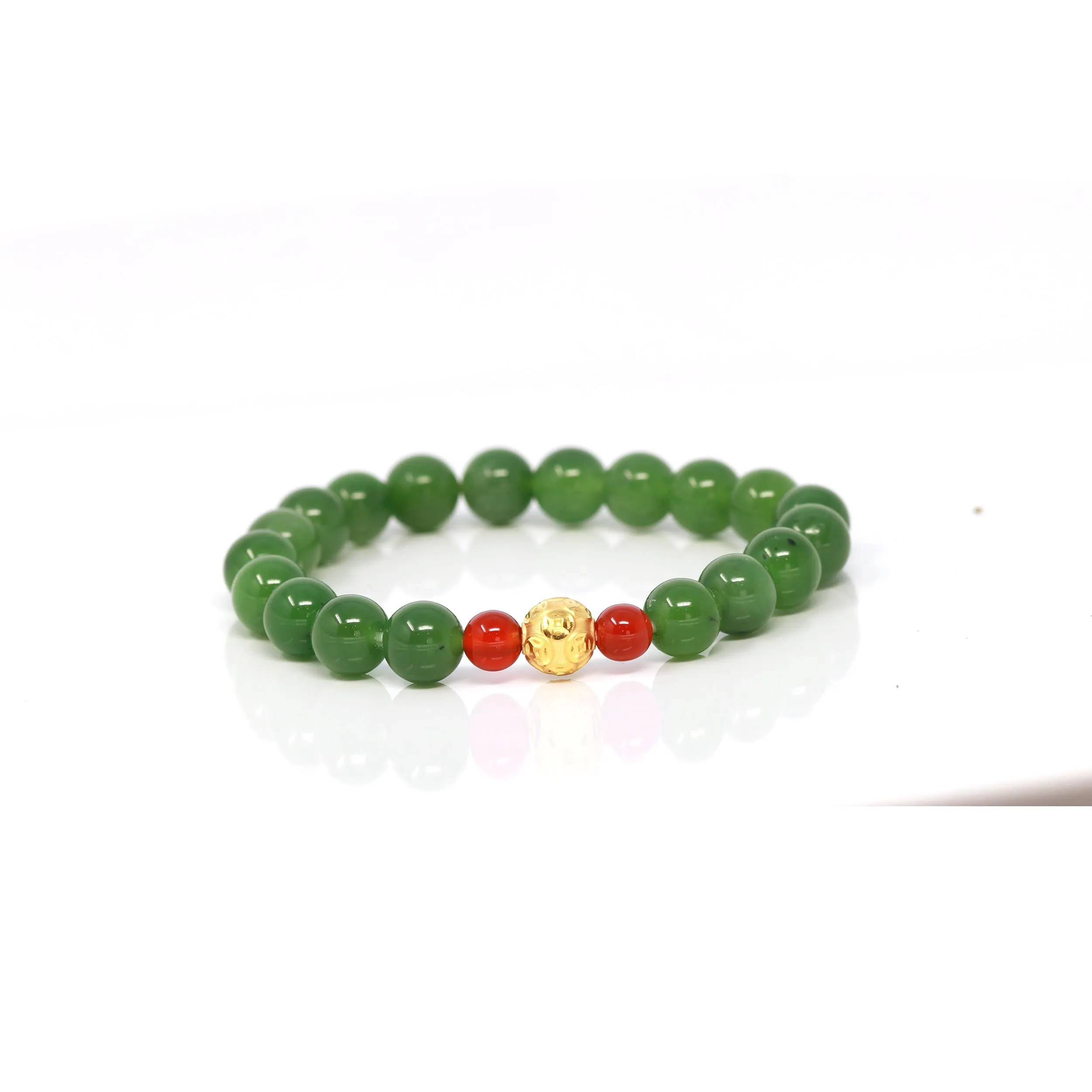 24K Pure Yellow Gold Money Bead With Genuine Green Jade Round Beads Bracelet Bangle ( 8 mm )