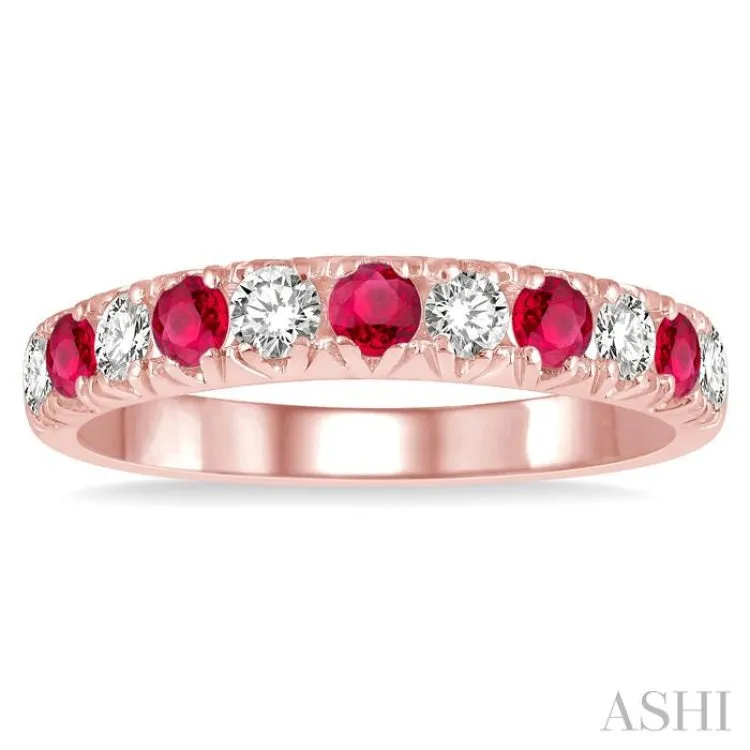 3/8 ctw Round Cut Diamond and 2.6MM Ruby Precious Wedding Band in 14K rose Gold