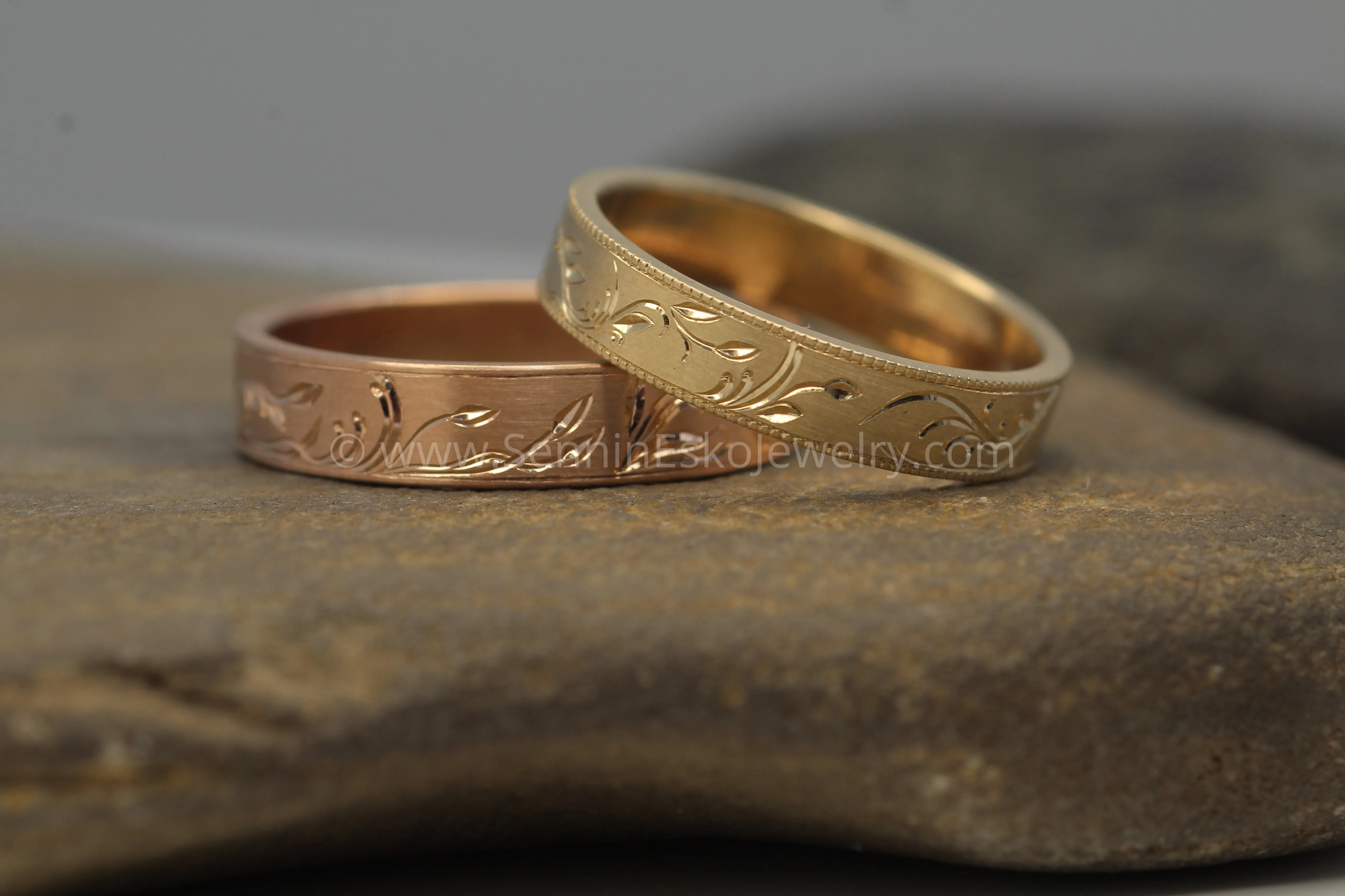 4x1mm Branches and Leaves Ring Variation 1 - 14kt Rose Gold Bright Cut Engraved Band