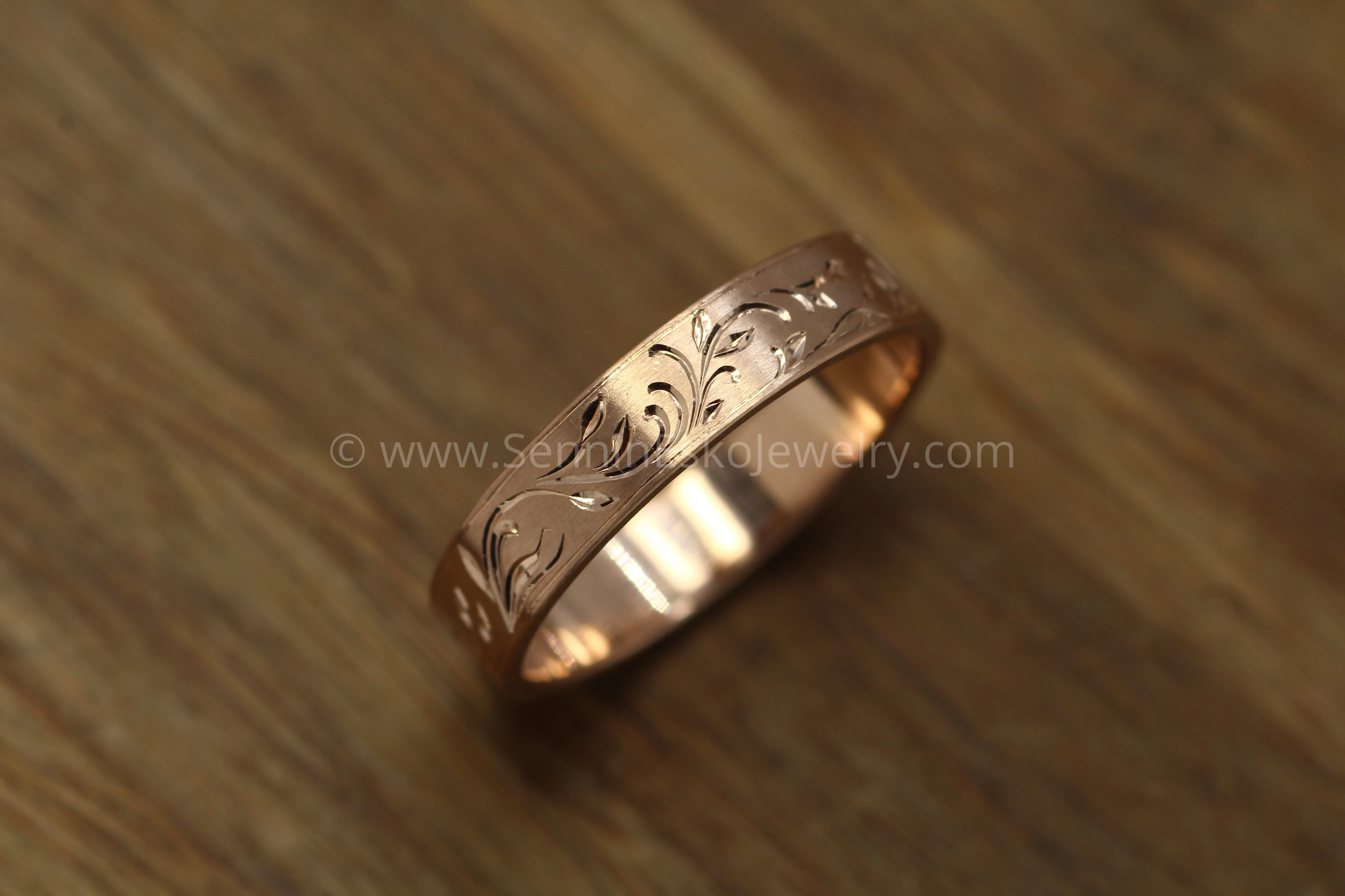 4x1mm Branches and Leaves Ring Variation 1 - 14kt Rose Gold Bright Cut Engraved Band