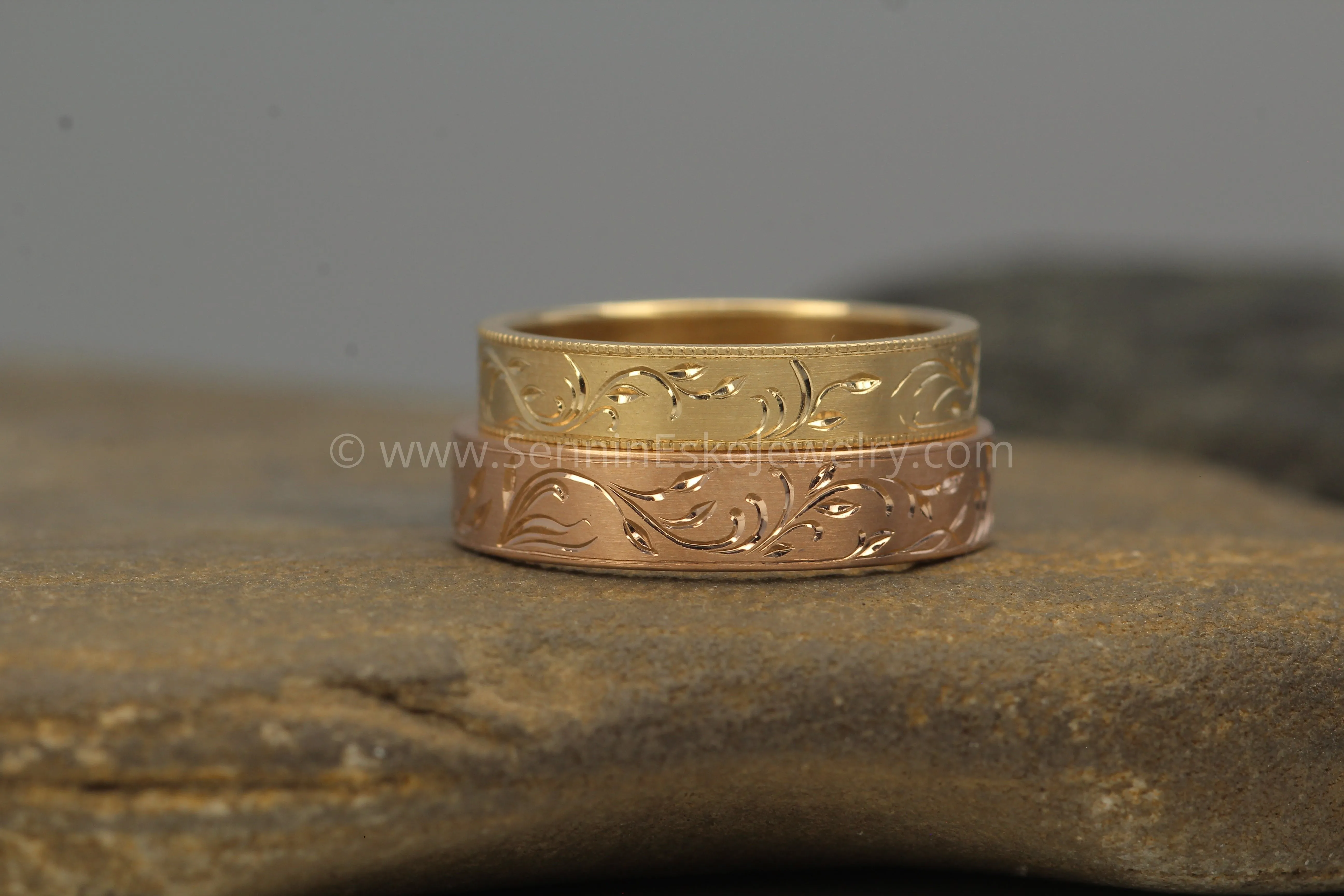 4x1mm Branches and Leaves Ring Variation 1 - 14kt Rose Gold Bright Cut Engraved Band