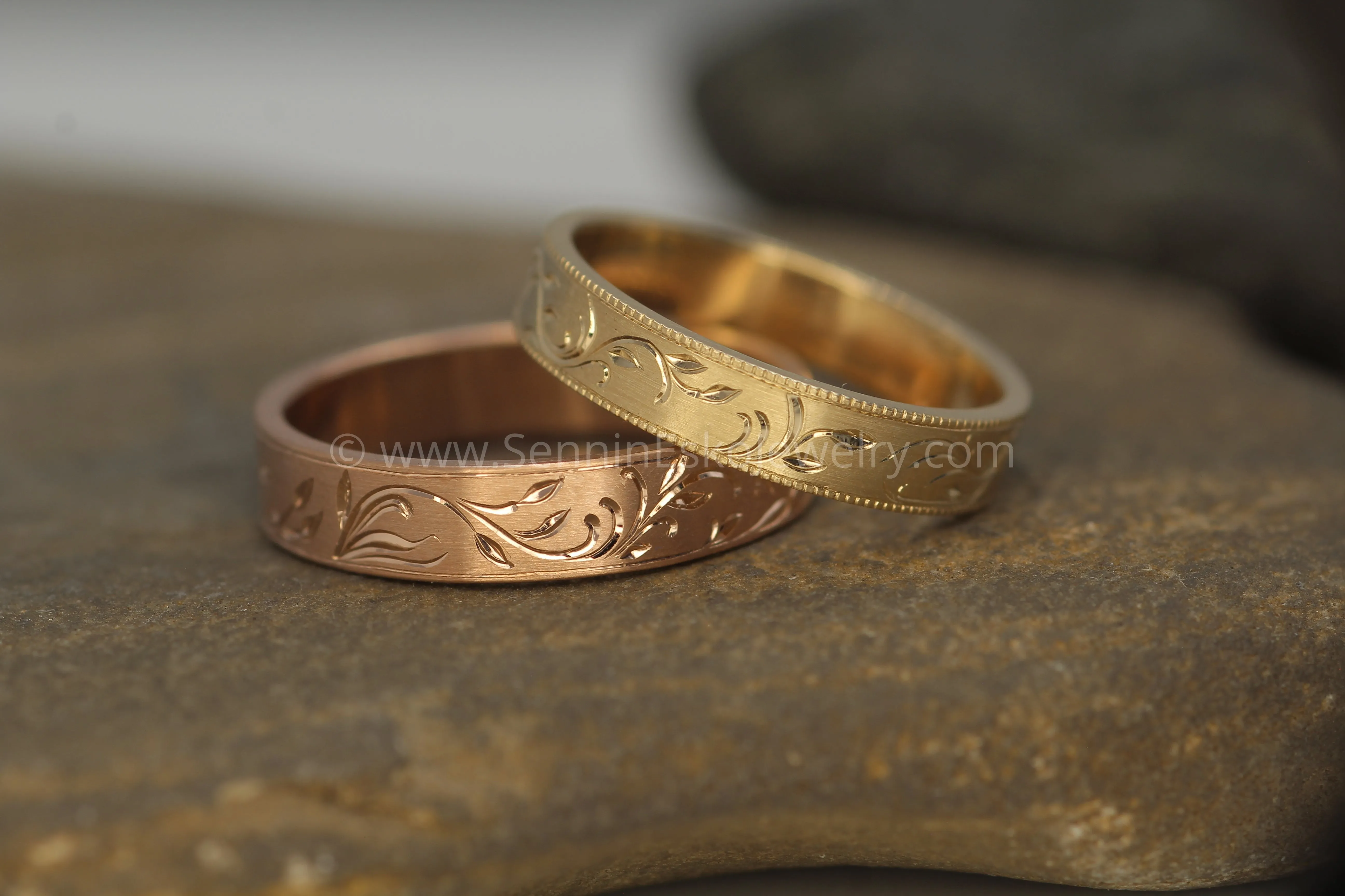 4x1mm Branches and Leaves Ring Variation 1 - 14kt Rose Gold Bright Cut Engraved Band