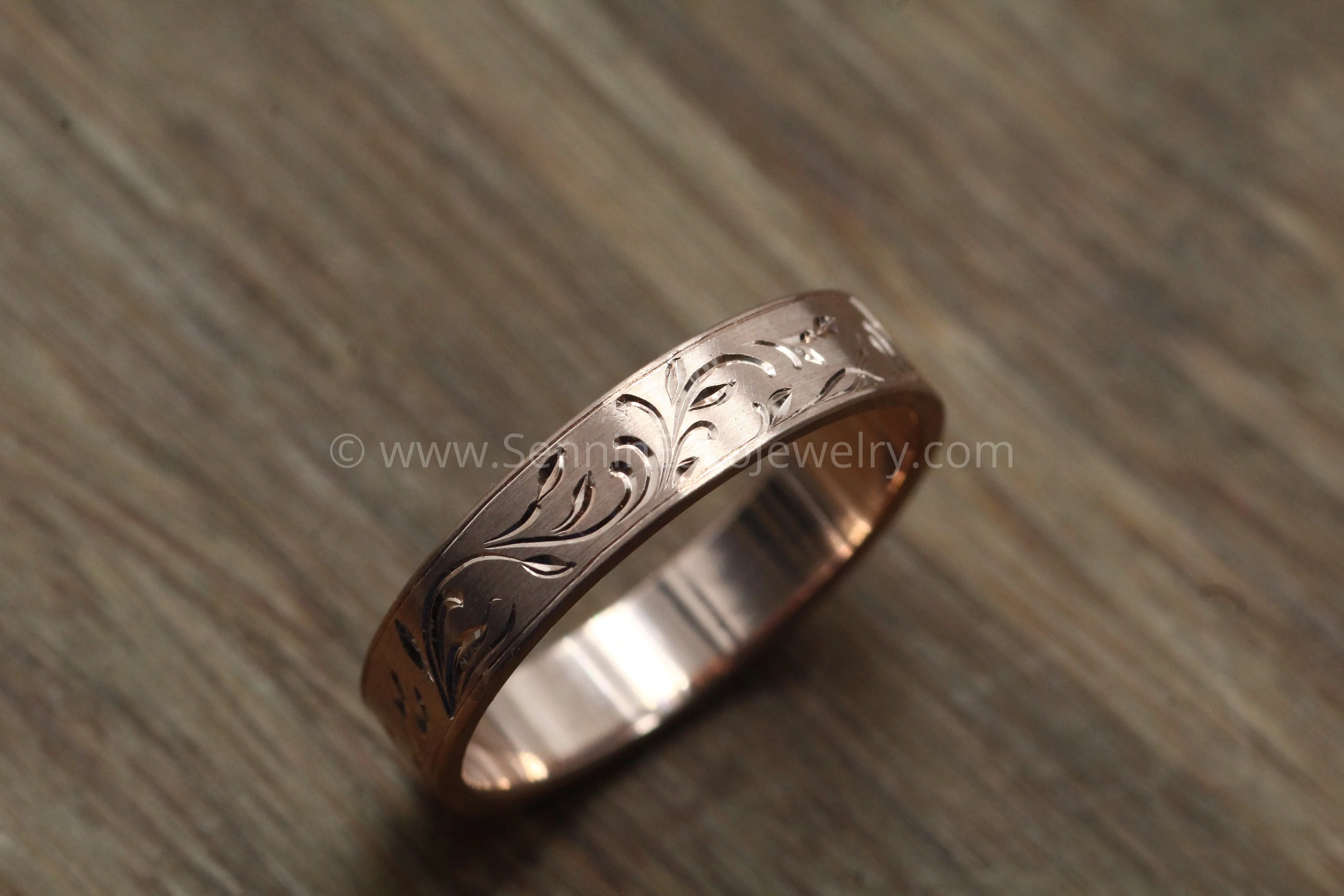 4x1mm Branches and Leaves Ring Variation 1 - 14kt Rose Gold Bright Cut Engraved Band