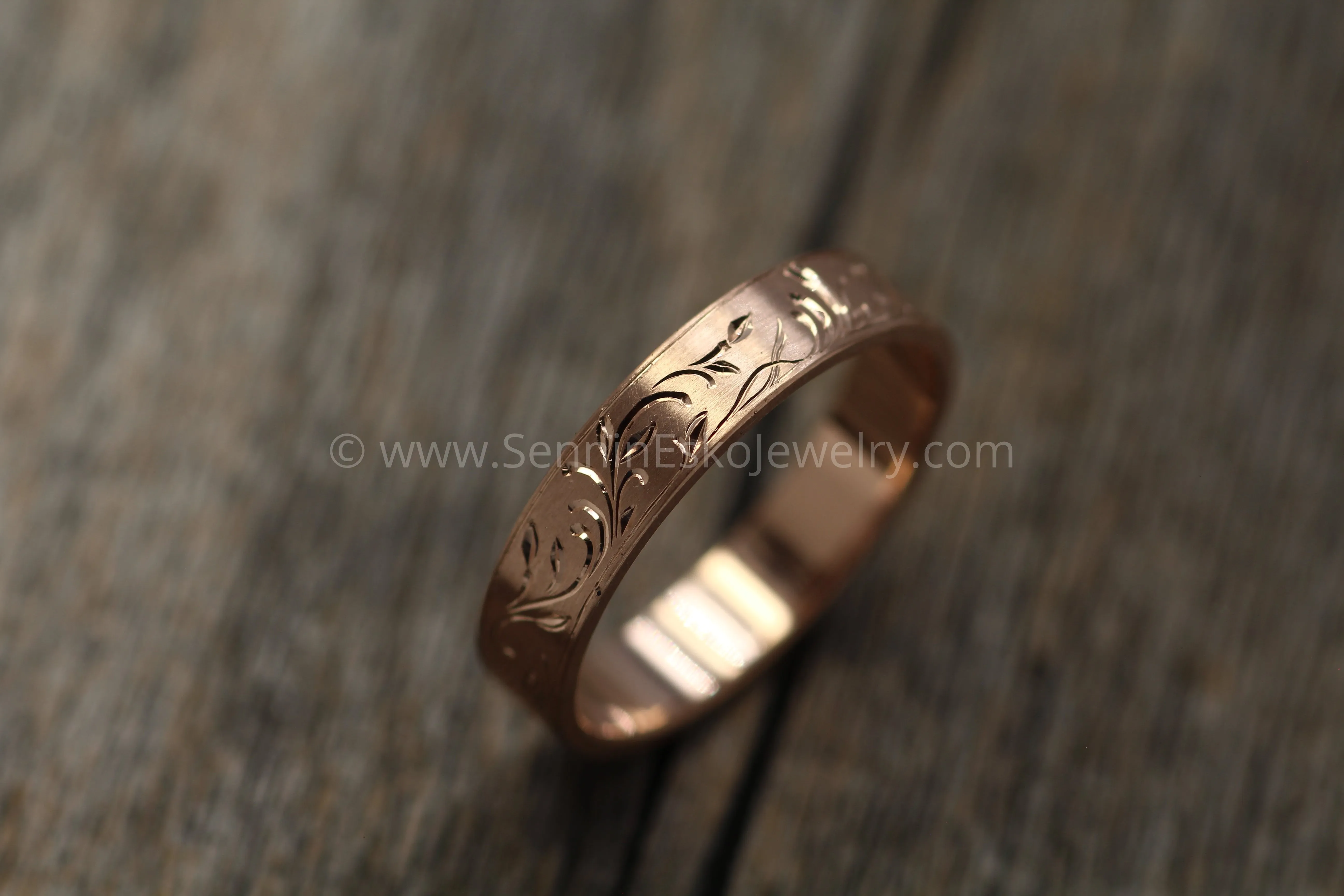 4x1mm Branches and Leaves Ring Variation 1 - 14kt Rose Gold Bright Cut Engraved Band