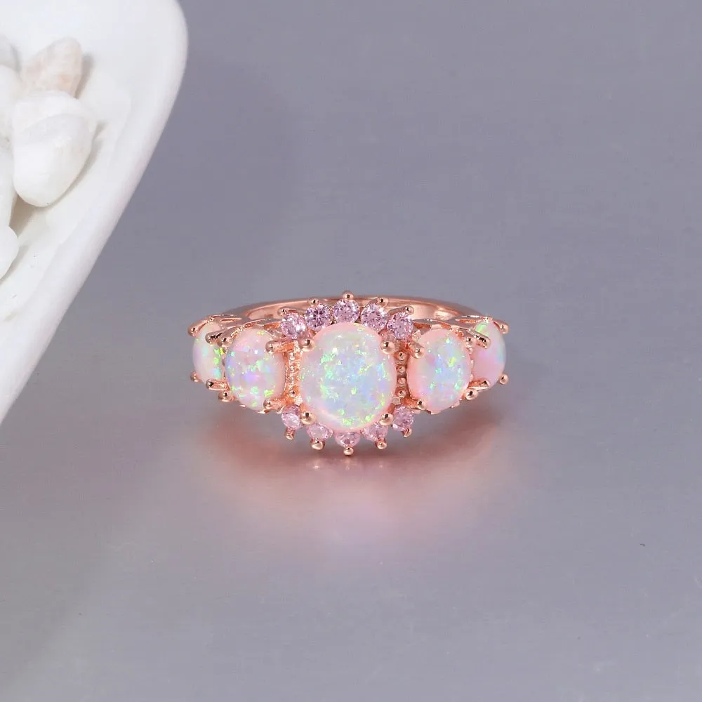 5 Colors Luxe Fire Opal Ring Silver Plated Oval Round Stone Blue Full Crystal Finger Ring  for Women